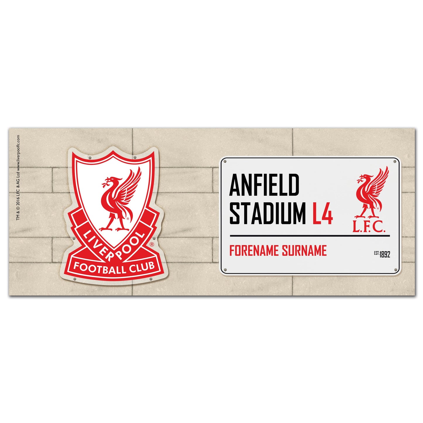 a brick wall with a red and white liverpool football club sign on it