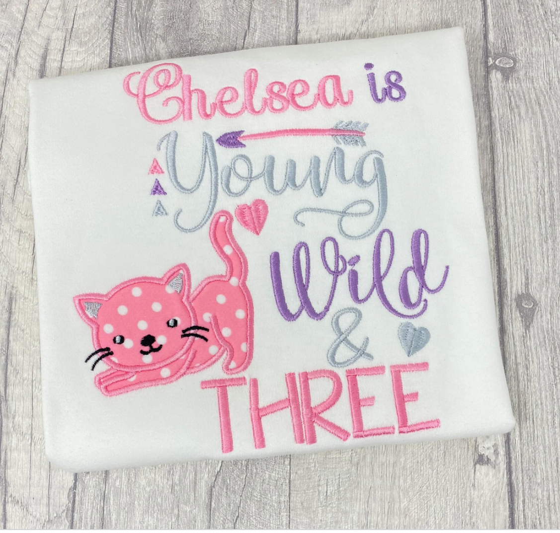 Personalised Embroidered Young wild and three birthday t-shirt