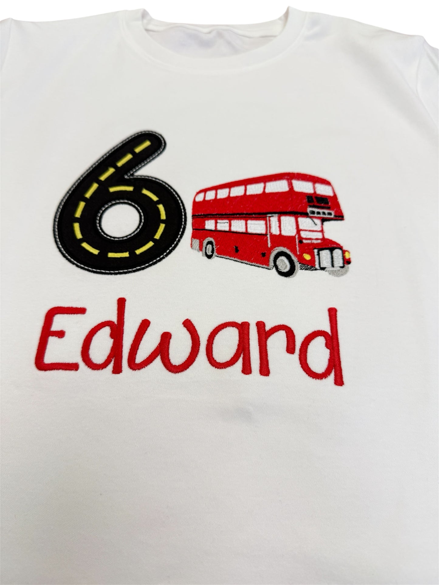 Embroidered Double Decker Bus Design with Number and name Birthday T-Shirt