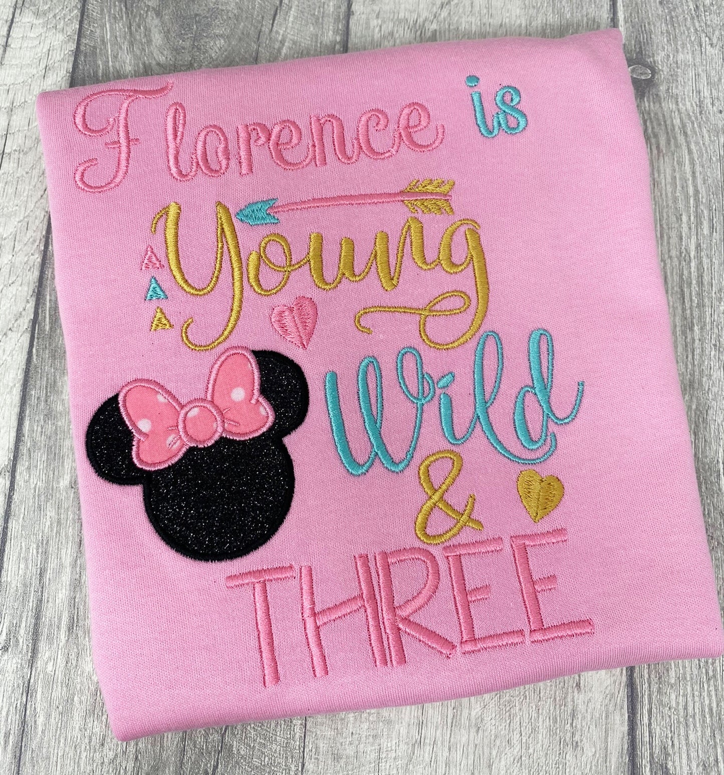 3rd Birthday Young Wild & Three Minnie Head Embroidered Top
