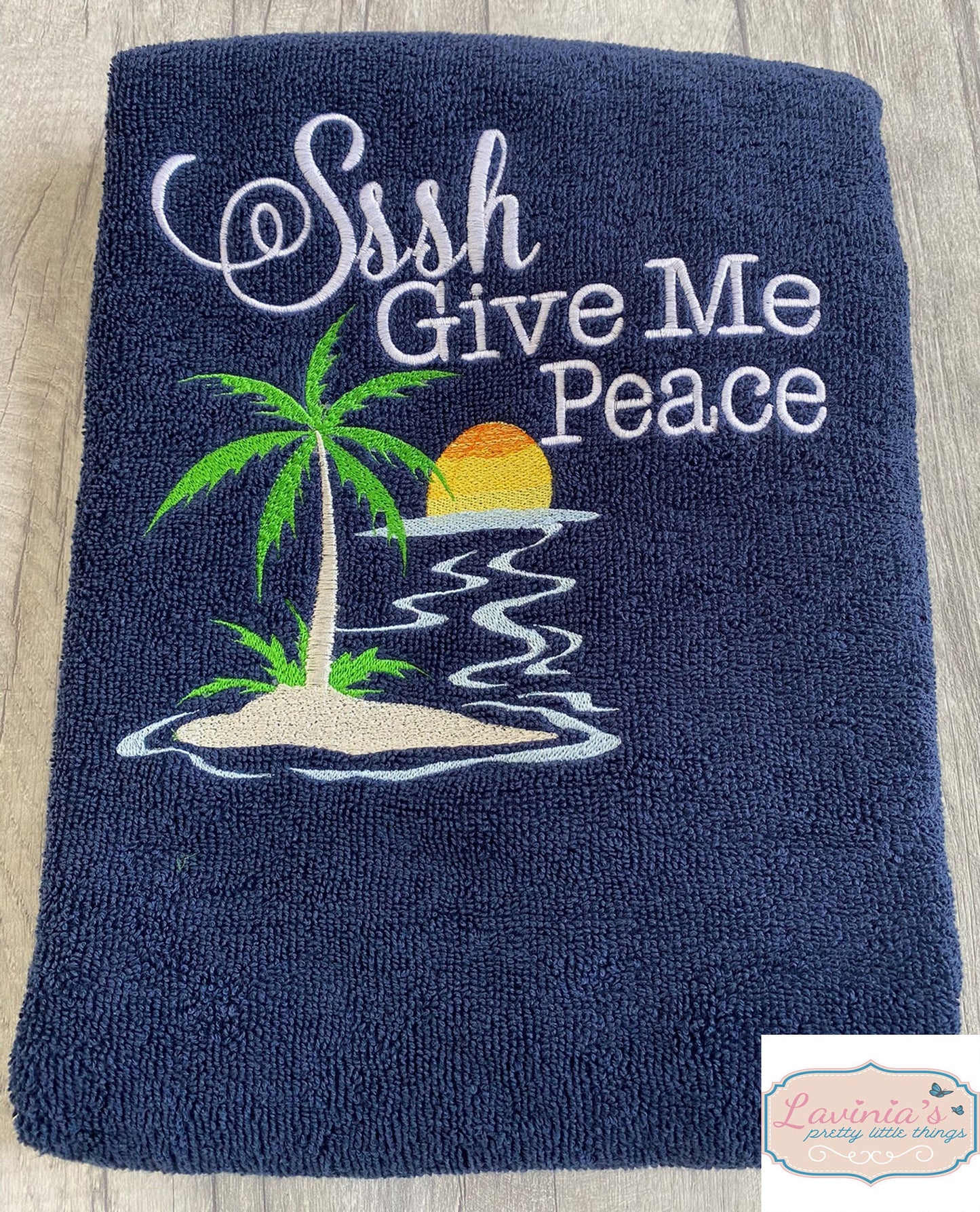 Personalised Beach Holiday Towel, Embroidered Sssh Give Me Peace Beach Design Towel