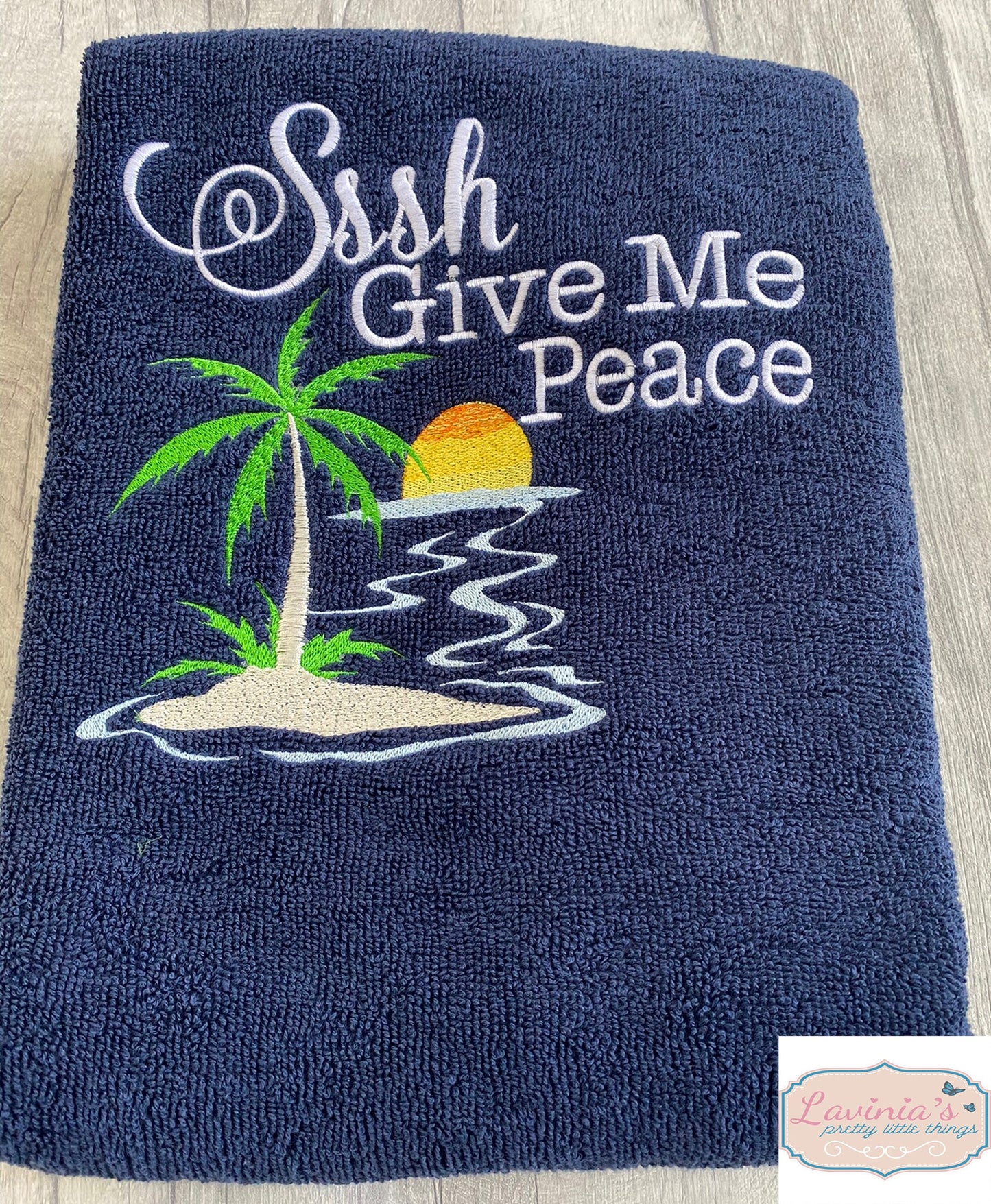 Personalised Beach Holiday Towel, Embroidered Sssh Give Me Peace Beach Design Towel