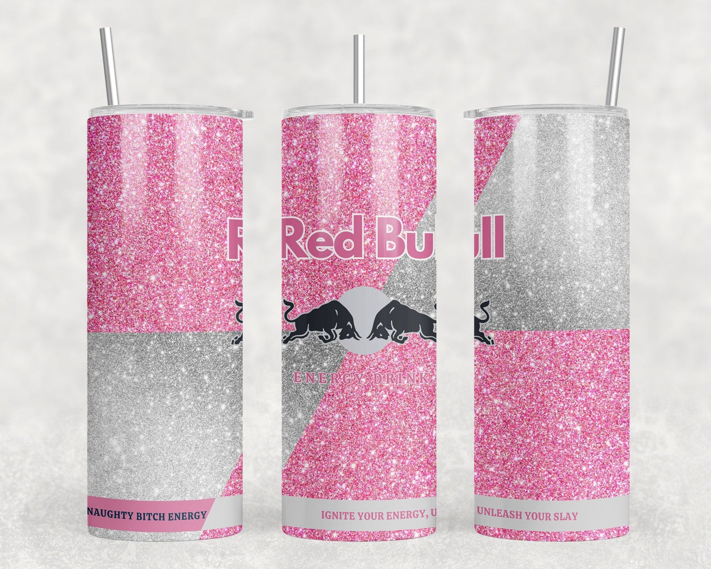 Pink glitter red bull inspired tumbler
