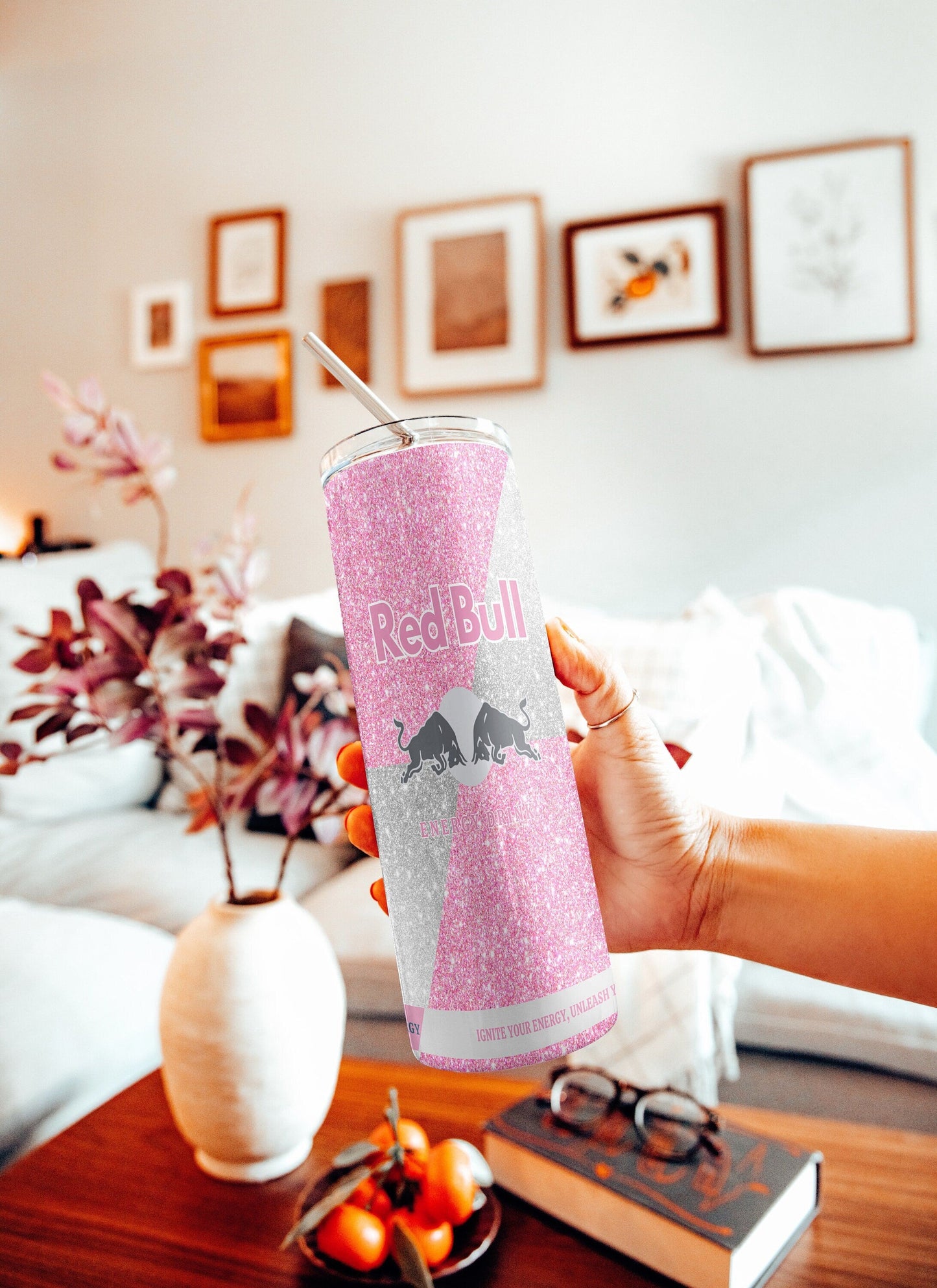Pink glitter red bull inspired tumbler