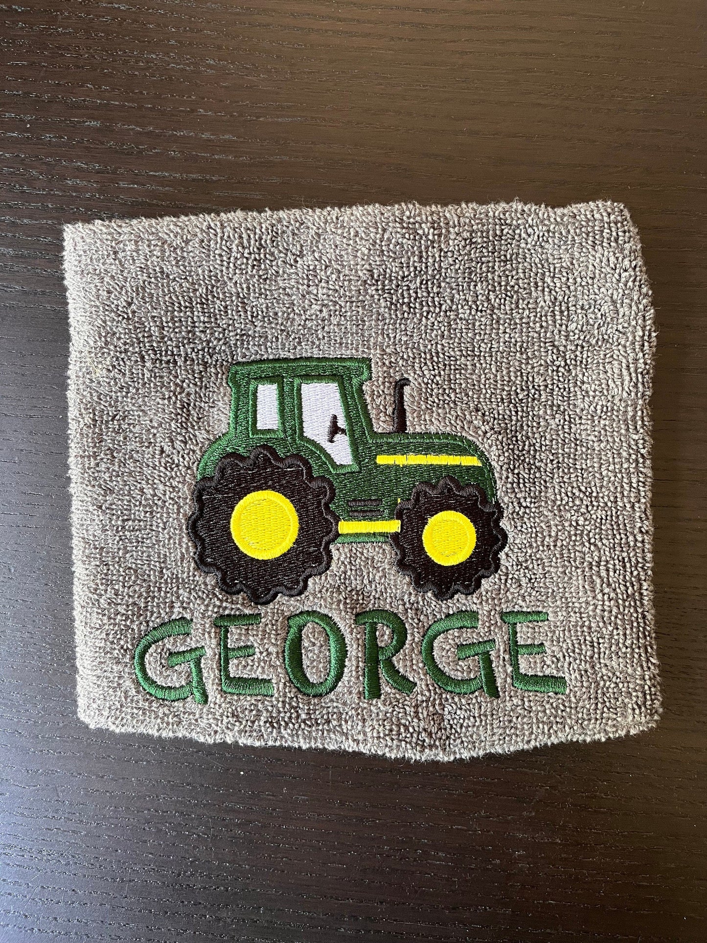 personalised embroidered kids green Tractor towel