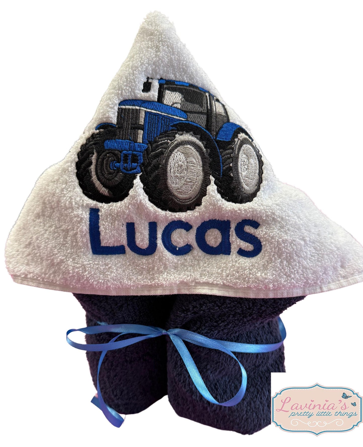 Personalised Blue Tractor Hooded Towel, Embroidered Name Tractor Towel