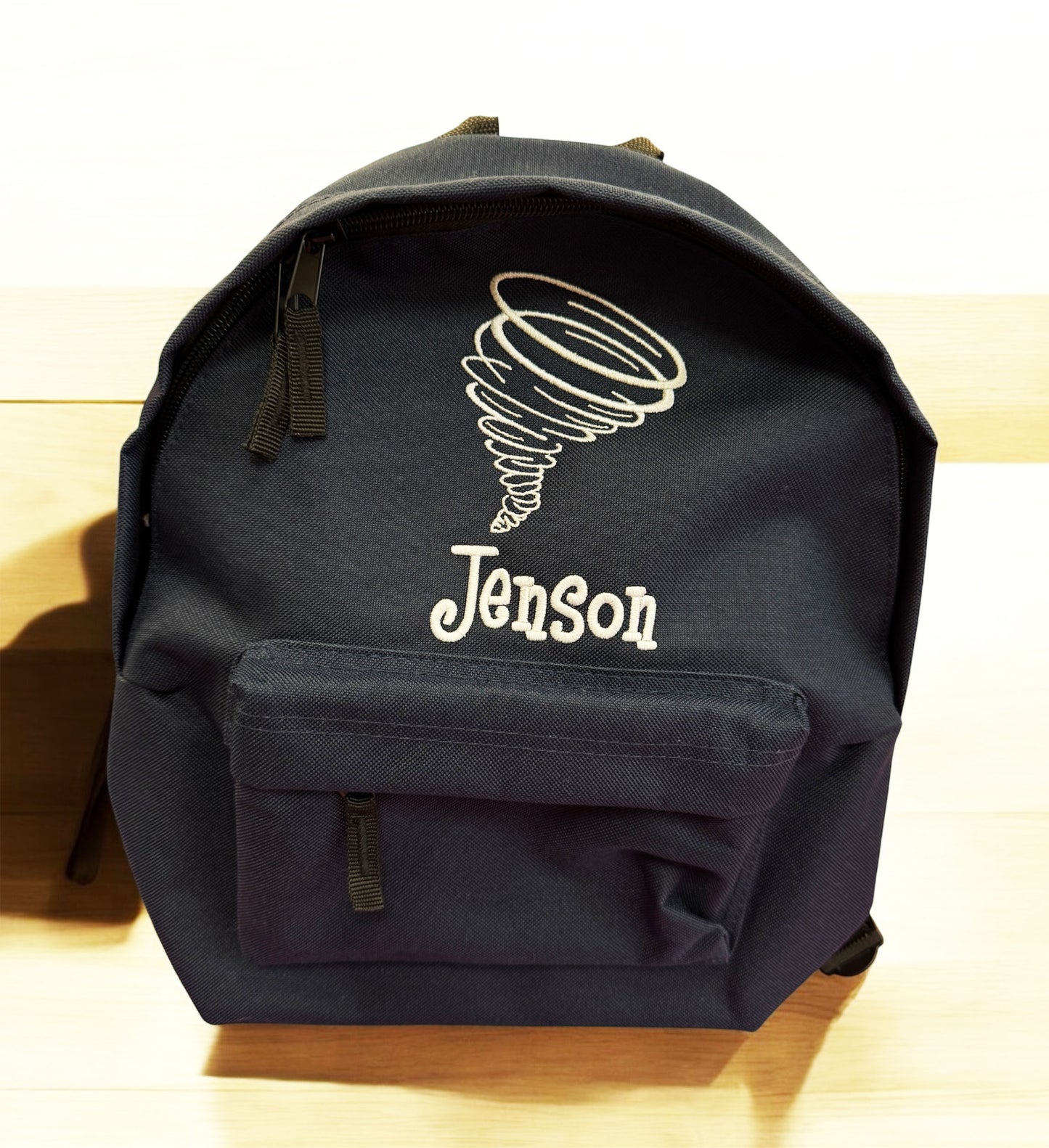Toddler backpack with Embroidered Tornado Whirlwind design and name