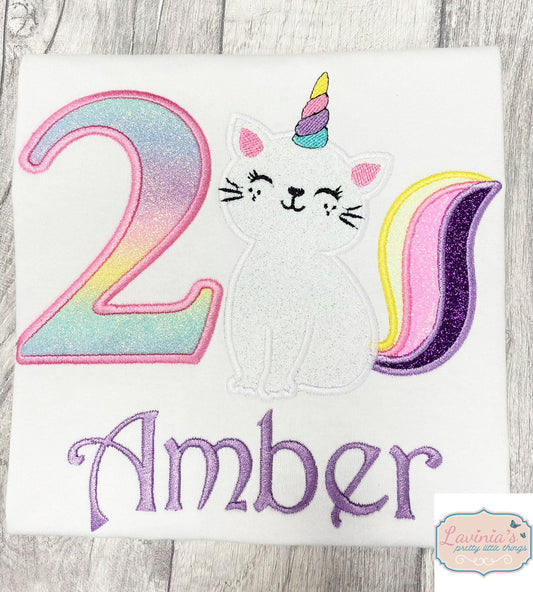 Caticorn Birthday T-Shirt, Embroidered Rainbow Caticorn