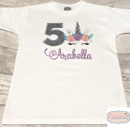 Unicorn Embroidered Glitter Birthday Top