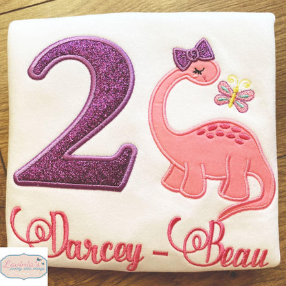 Pink Dinosaur Embroidered Birthday Top