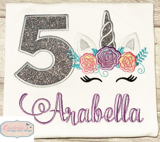 Unicorn Embroidered Glitter Birthday Top