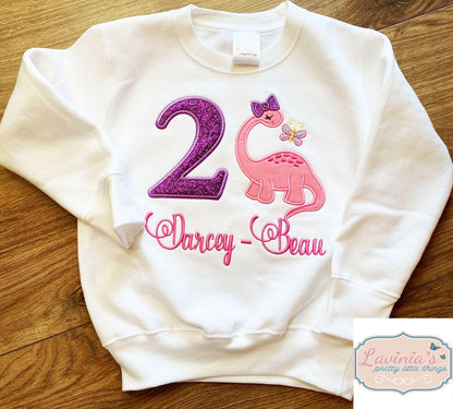 Pink Dinosaur Embroidered Birthday Top