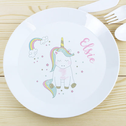 a white plate with a unicorn design on it