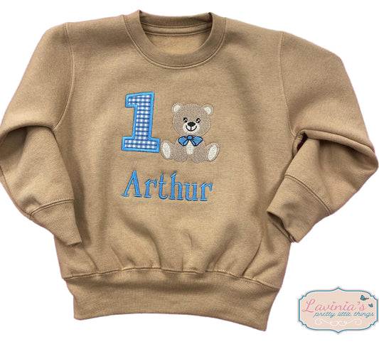 personalised-teddybear-1st-birthday-number-t-shirt/sweatshirt-birthday-party-top-gingham-number
