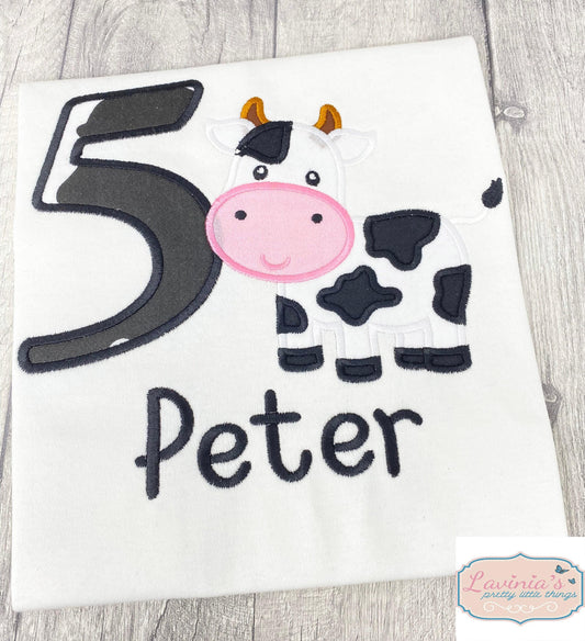 Cow Embroidered Birthday T-Shirt with Number