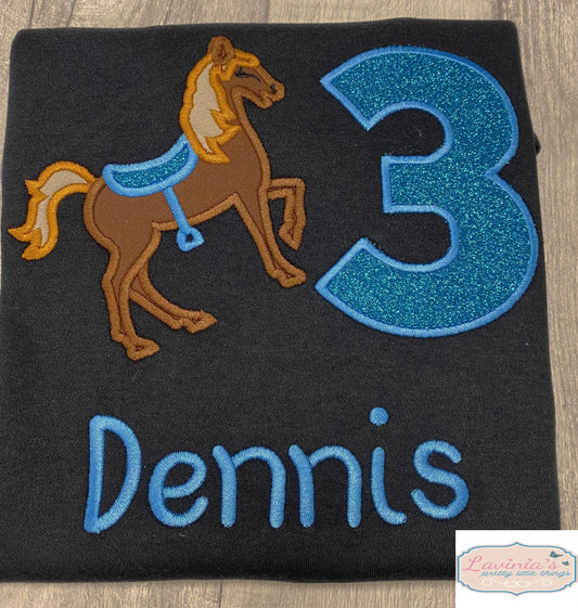 Horse with Embroidered Glitter Number Birthday Top