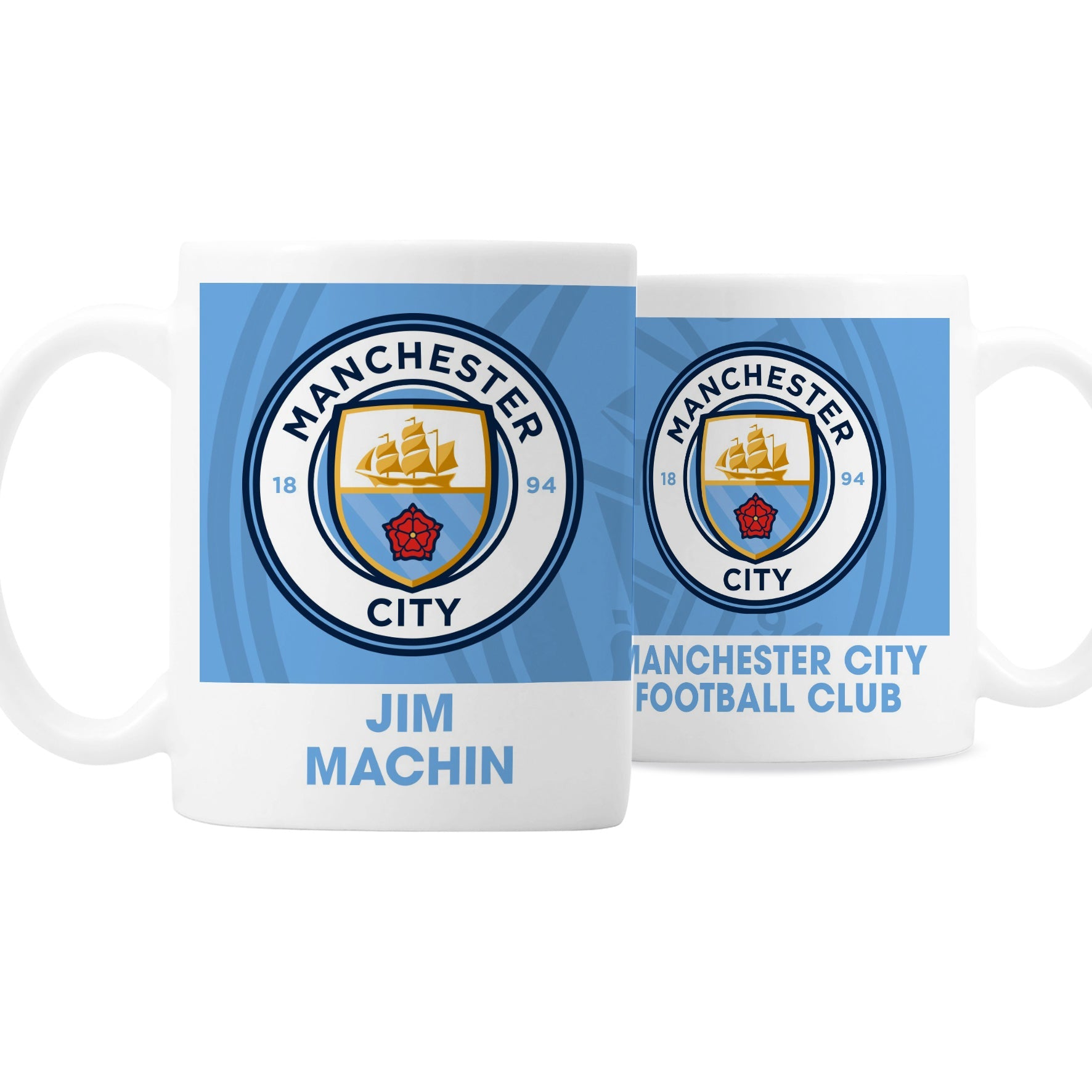 two mugs with manchester city logos on them
