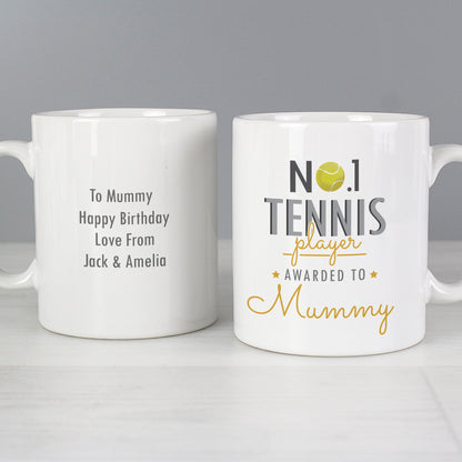two personalized coffee mugs sitting on a table