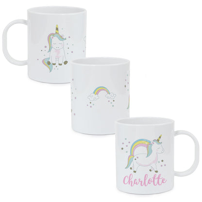 three white coffee mugs with a unicorn on them