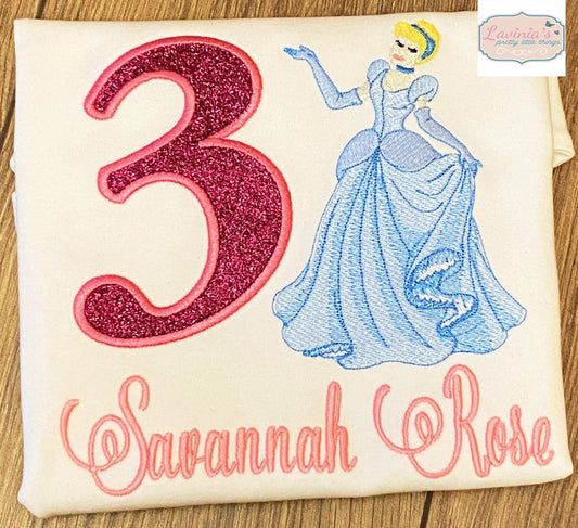 Cinderella Princess Birthday T-Shirt with Embroidered Number