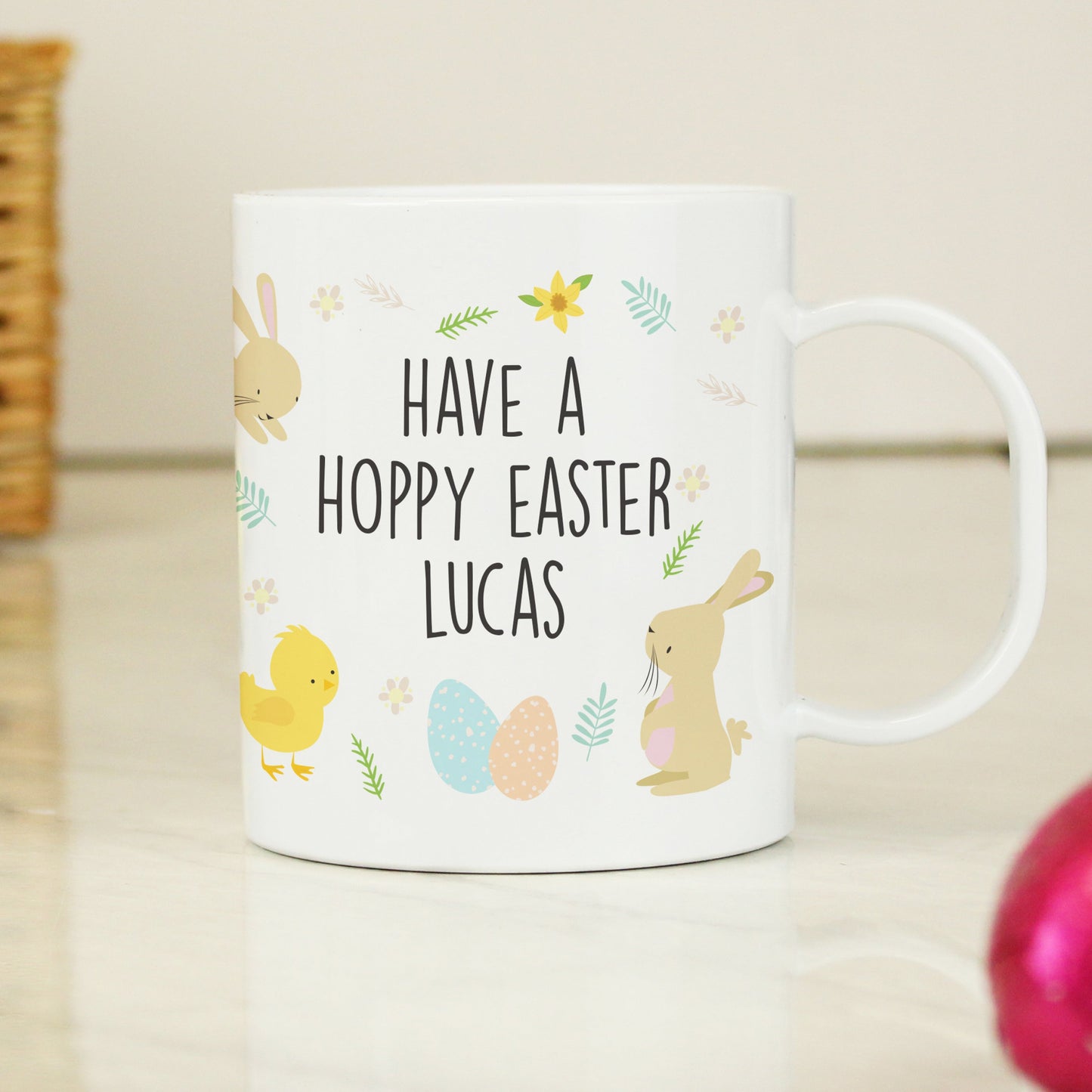 a coffee mug that says have a hoppy easter lucas