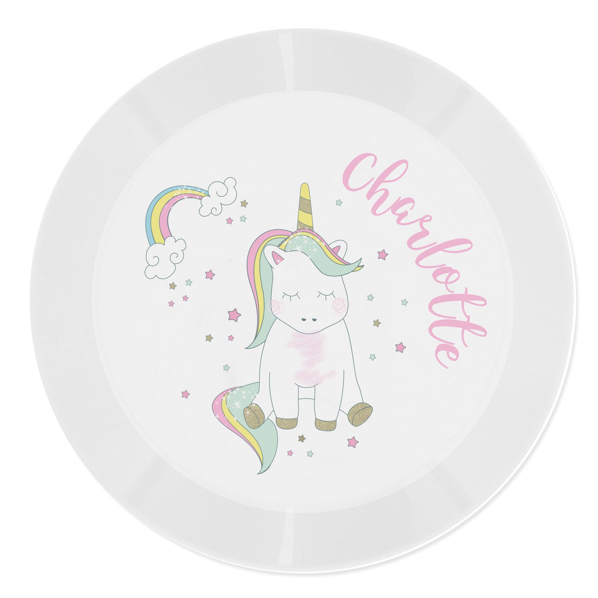 a white plate with a unicorn on it