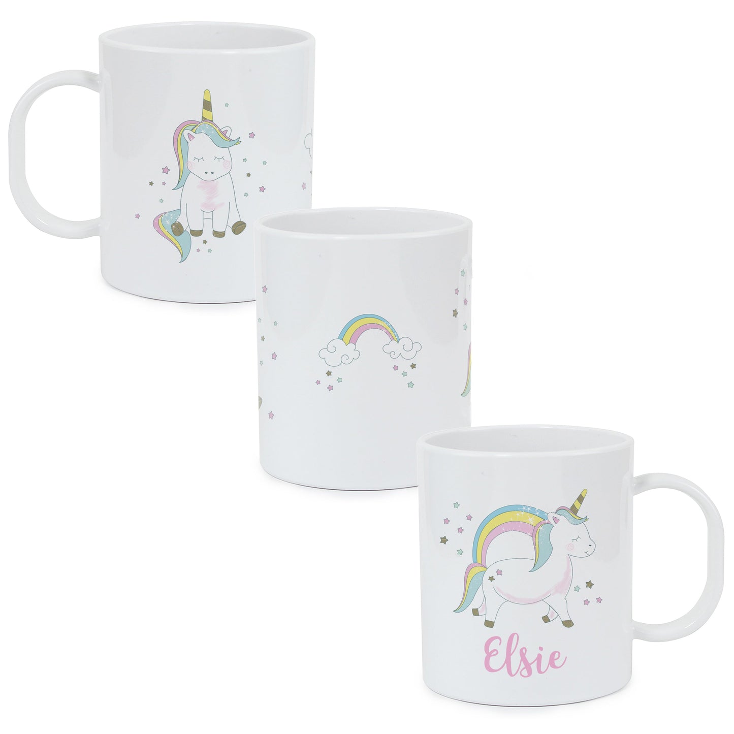 three white coffee mugs with a unicorn on them