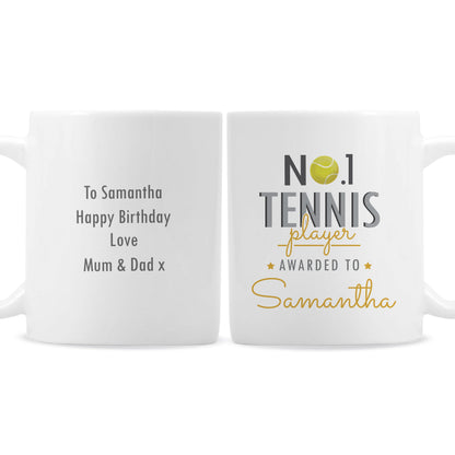 two white coffee mugs with tennis related words