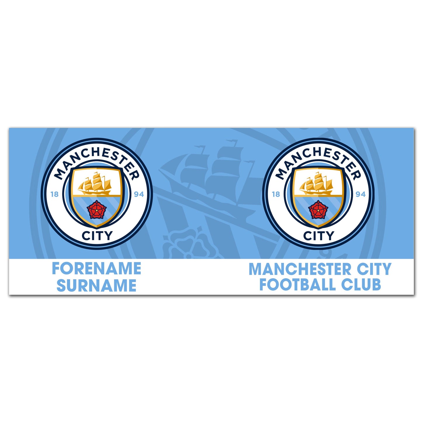 two blue and white banners with manchester and manchester city emblems