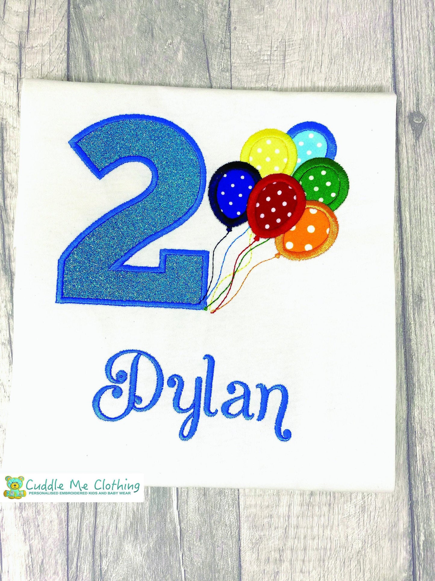 a birthday t-shirt with balloons and the number two