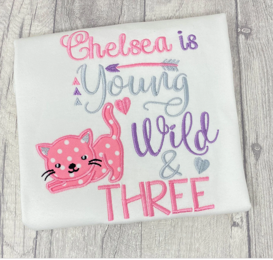 Personalised Embroidered Young wild and three birthday t-shirt