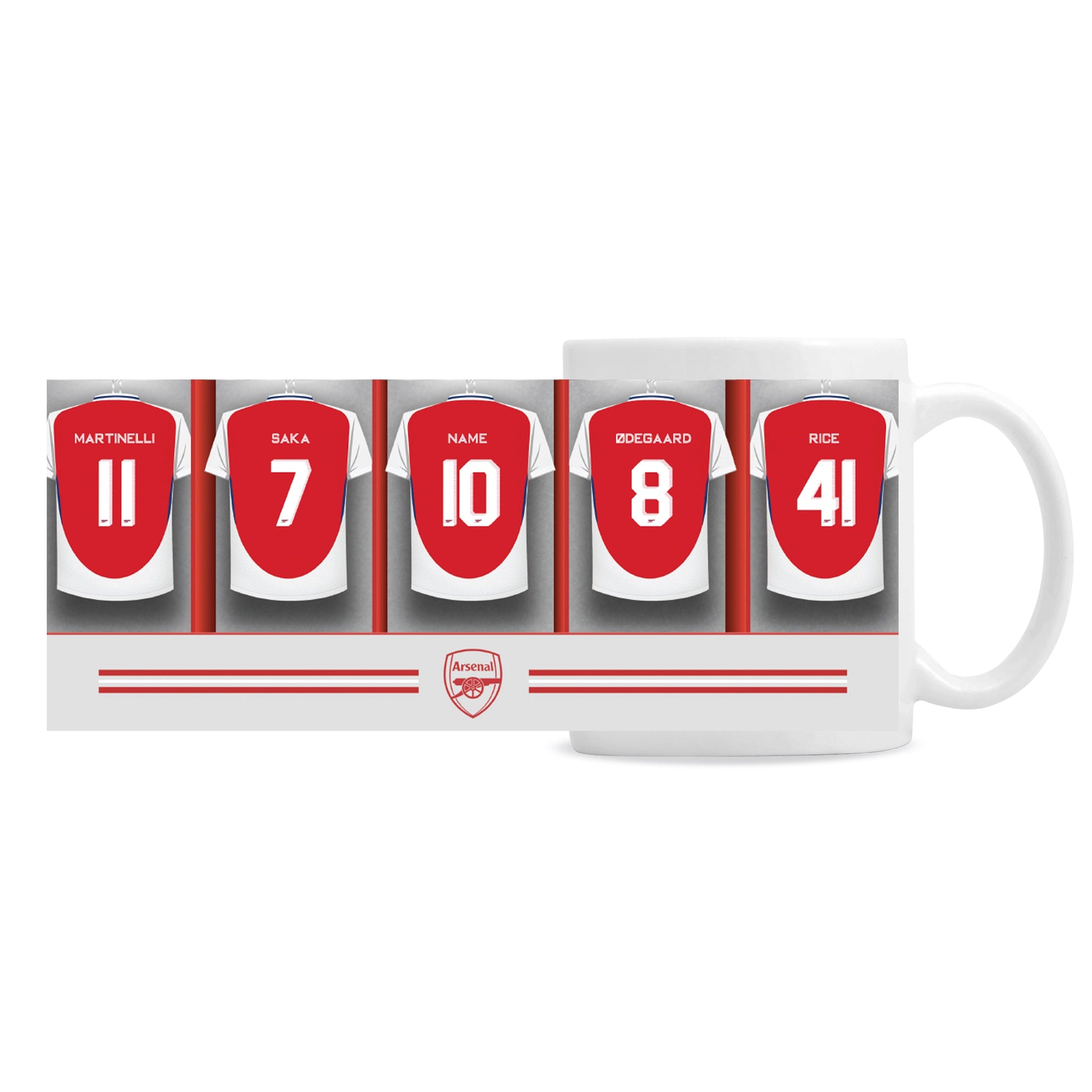 a white coffee mug with red numbers on it