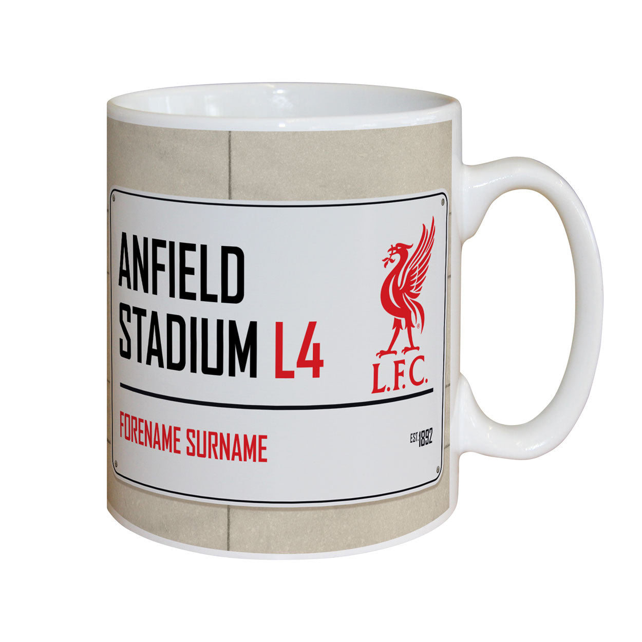 a white mug with a red and black logo on it