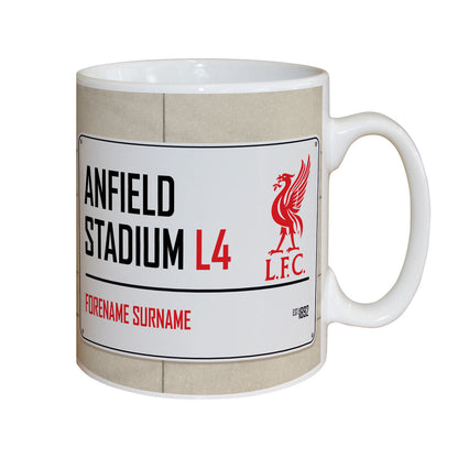 a white mug with a red and black logo on it