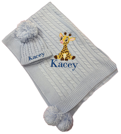 Personalised New Born Baby Blanket and Hat Set Embroidered with Giraffe and Name