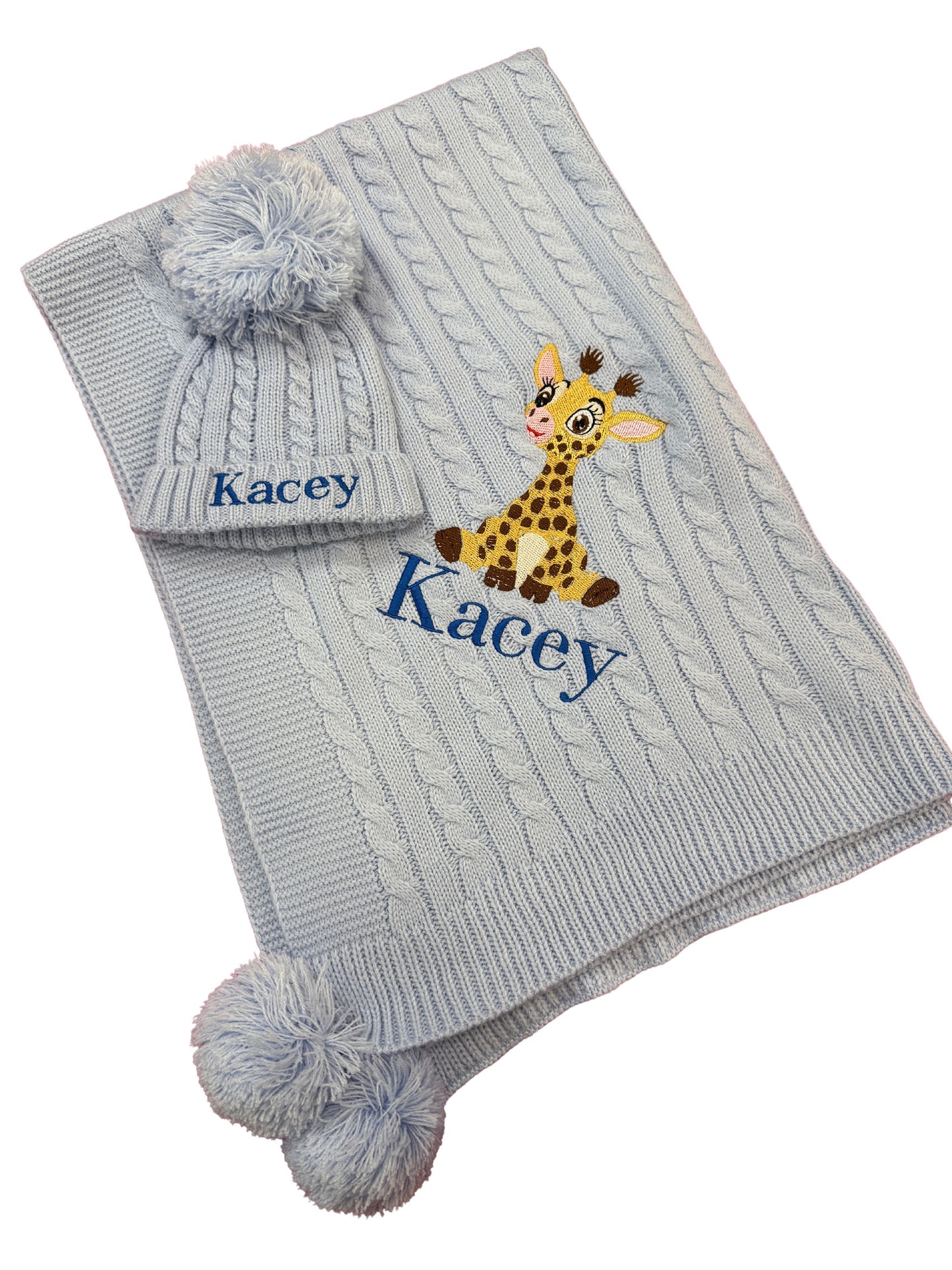Personalised New Born Baby Blanket and Hat Set Embroidered with Giraffe and Name