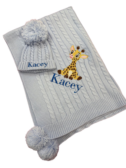 Personalised New Born Baby Blanket and Hat Set Embroidered with Giraffe and Name