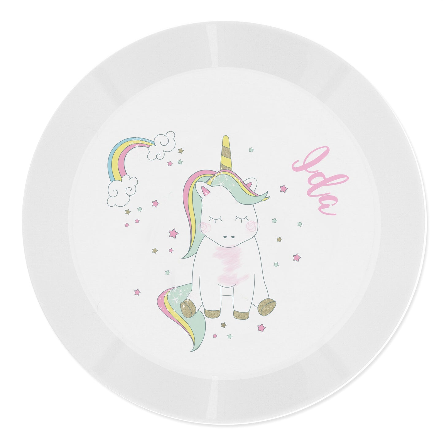 a white plate with a unicorn on it