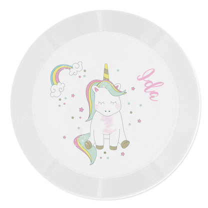 a white plate with a unicorn on it