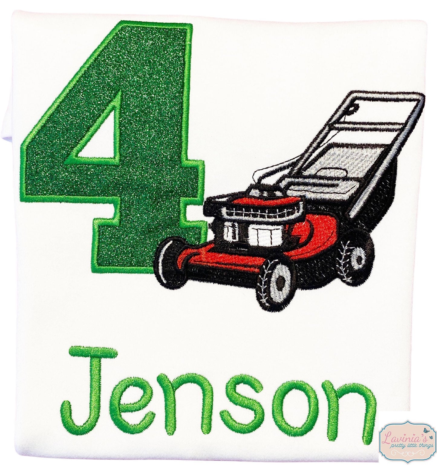 Lawn Mower T-Shirt with Embroidered Green Glitter Number