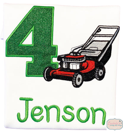 Lawn Mower T-Shirt with Embroidered Green Glitter Number