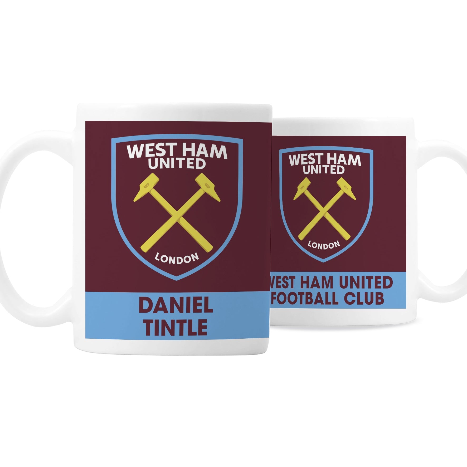 two coffee mugs with the words west ham united and two crossed hammers