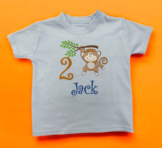 Kids Monkey Birthday T-Shirt Embroidered with Name and Number