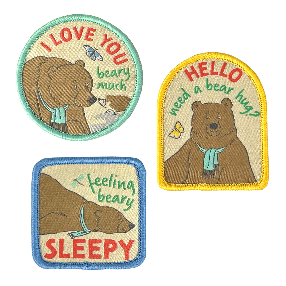 two patches with a bear and a bear saying i love you, beary much
