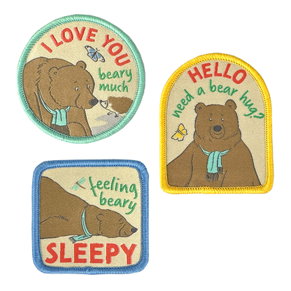 two patches with a bear and a bear saying i love you, beary much