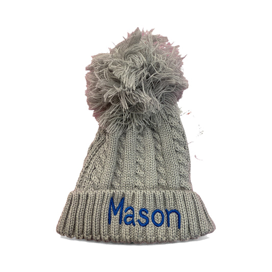 Personalised Babies Grey Cable Knit Hat With Pom Pom