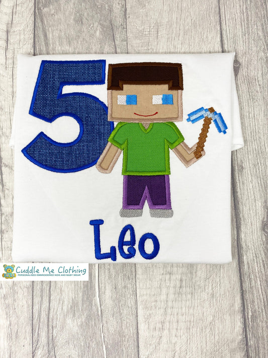 Boys Kids Embroidered Block Head Birthday Number T-Shirt