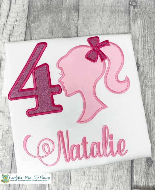 Silhouette Pink Embroidered Head with Glitter Number Top
