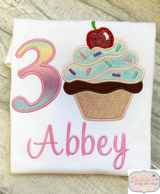 Cupcake Birthday Top with Embroidered Rainbow Number