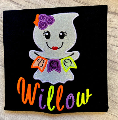 Halloween Embroidered Glitter Ghost Boo T-Shirt